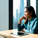 A professional Malay woman, in a modest yet stylish business blouse and tailored trousers. She is seated comfortably at a sleek, minimalist desk in a modern, sunlit office space with a large window subtly showing a city skyline. She holds a tablet, gently touching the screen with one hand while her other hand rests thoughtfully on her chin, a soft, introspective expression on her face, conveying deep reflection and genuine thought. Subtle, glowing abstract lines emanate behind her, symbolizing digital presence and narrative flow. Professional photography, cinematic lighting, high resolution, vivid colors, shallow depth of field. safe for work, appropriate content, fully clothed, professional dress, perfect anatomy, correct proportions, natural pose, well-formed hands, proper finger count, natural body proportions, family-friendly.