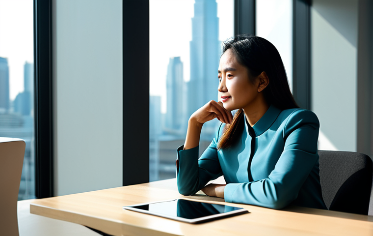 A professional Malay woman, in a modest yet stylish business blouse and tailored trousers. She is seated comfortably at a sleek, minimalist desk in a modern, sunlit office space with a large window subtly showing a city skyline. She holds a tablet, gently touching the screen with one hand while her other hand rests thoughtfully on her chin, a soft, introspective expression on her face, conveying deep reflection and genuine thought. Subtle, glowing abstract lines emanate behind her, symbolizing digital presence and narrative flow. Professional photography, cinematic lighting, high resolution, vivid colors, shallow depth of field. safe for work, appropriate content, fully clothed, professional dress, perfect anatomy, correct proportions, natural pose, well-formed hands, proper finger count, natural body proportions, family-friendly.