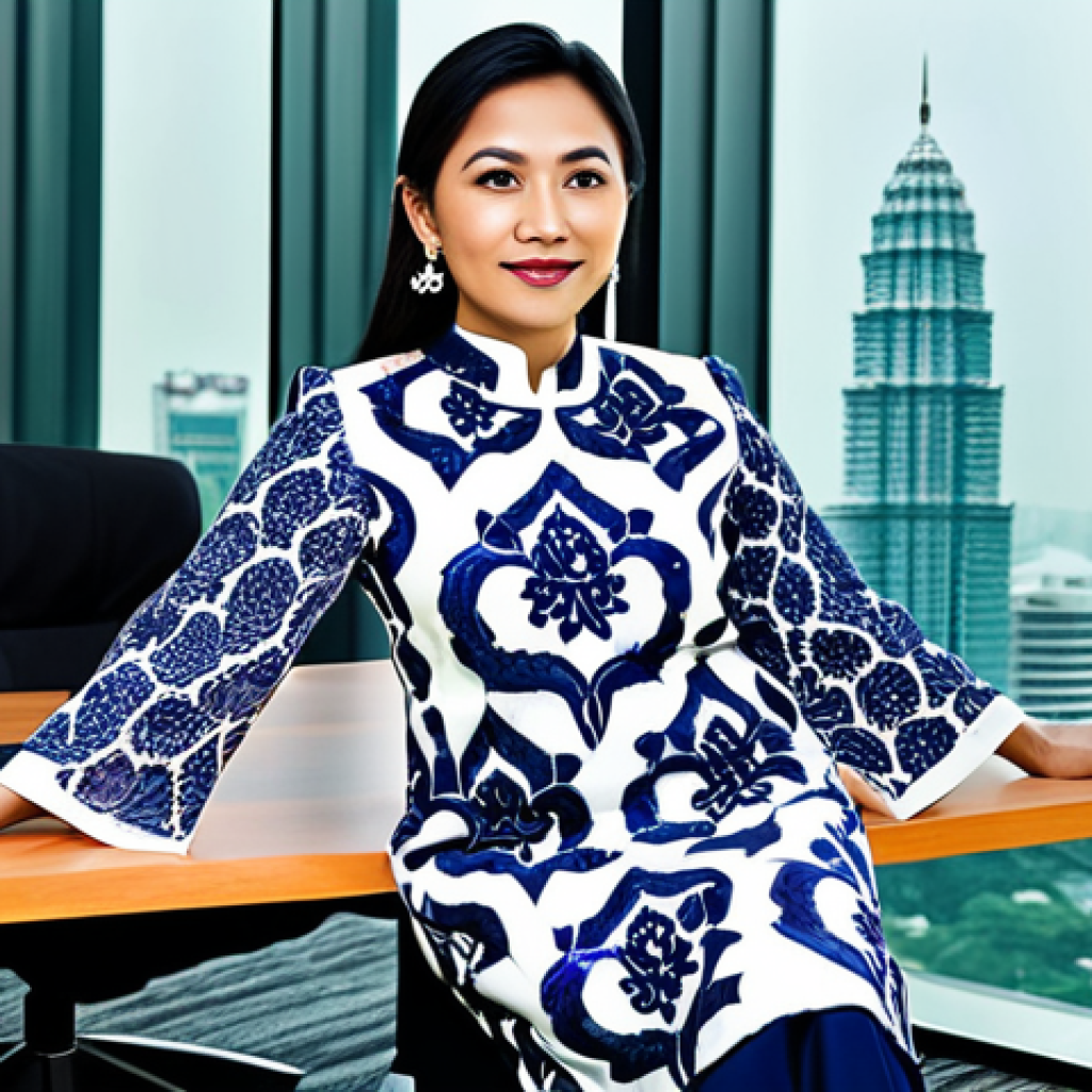 **

A professional Malaysian businesswoman in a modest baju kurung with batik accents, sitting at a desk in a bright, modern office overlooking the Petronas Twin Towers. Fully clothed, appropriate attire, safe for work, perfect anatomy, natural proportions, professional photography, high quality.

**