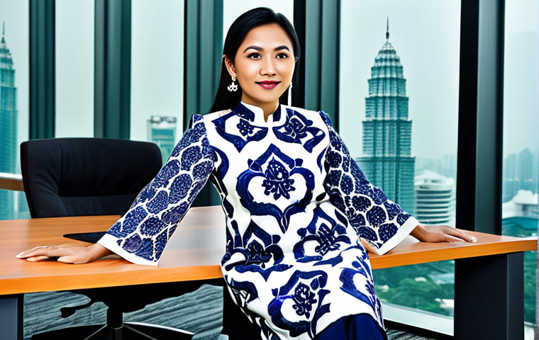**

A professional Malaysian businesswoman in a modest baju kurung with batik accents, sitting at a desk in a bright, modern office overlooking the Petronas Twin Towers. Fully clothed, appropriate attire, safe for work, perfect anatomy, natural proportions, professional photography, high quality.

**