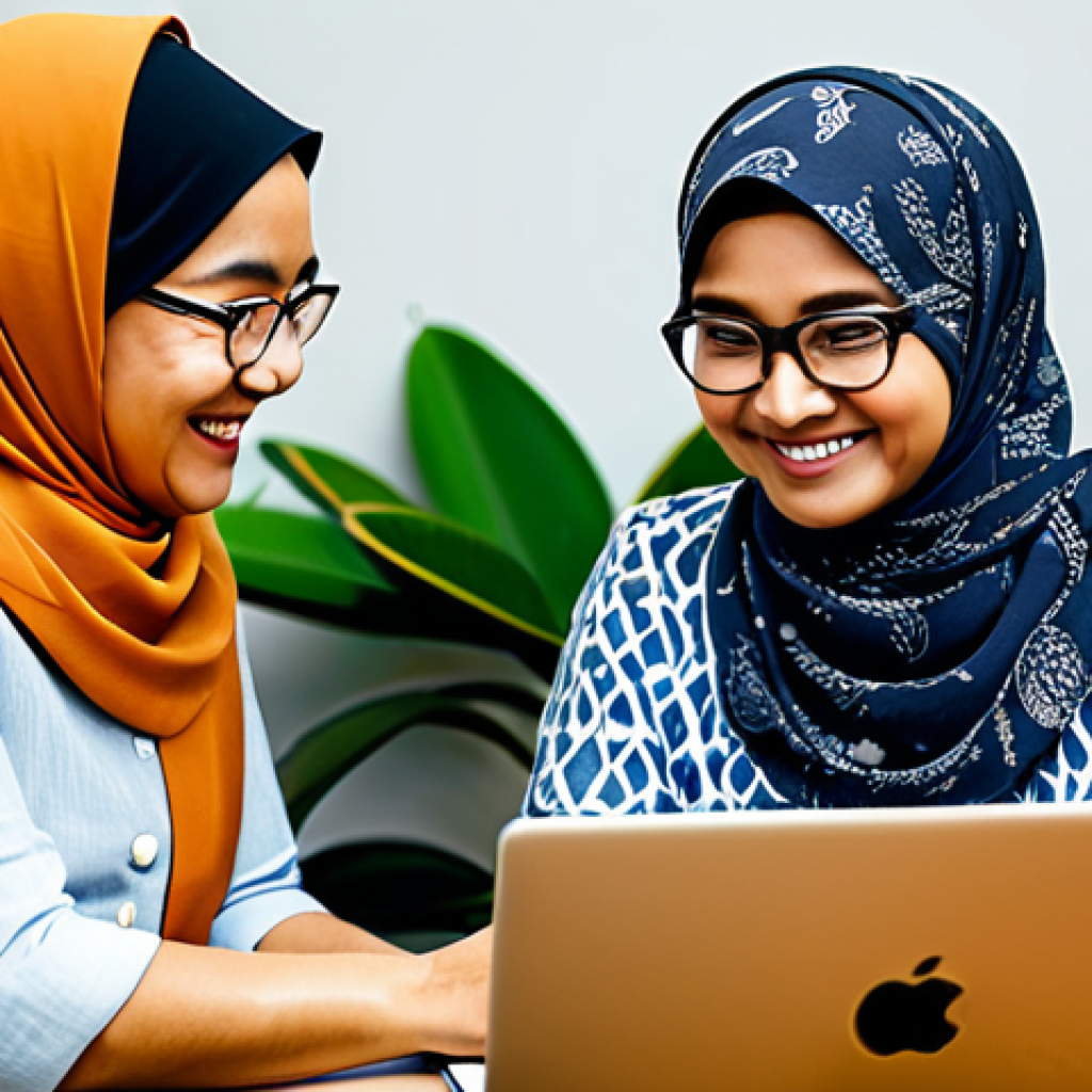 **

"A young Malaysian entrepreneur in a modern co-working space, wearing a batik shirt and glasses, participating in a mentorship session with a successful, older businesswoman in a hijab, both smiling and looking at a laptop, discussing business strategies. Natural lighting, warm tones, plants in the background, safe for work, appropriate content, fully clothed, professional, modest, family-friendly, perfect anatomy, correct proportions, natural pose, well-formed hands, proper finger count, natural body proportions."

**