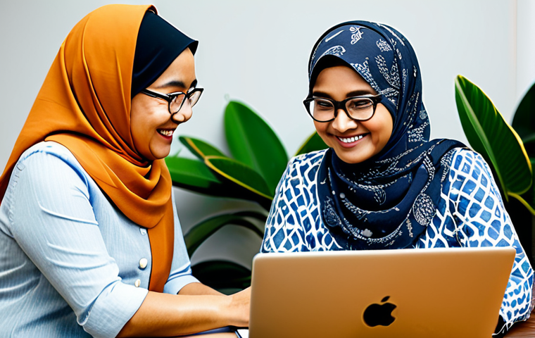 **

"A young Malaysian entrepreneur in a modern co-working space, wearing a batik shirt and glasses, participating in a mentorship session with a successful, older businesswoman in a hijab, both smiling and looking at a laptop, discussing business strategies. Natural lighting, warm tones, plants in the background, safe for work, appropriate content, fully clothed, professional, modest, family-friendly, perfect anatomy, correct proportions, natural pose, well-formed hands, proper finger count, natural body proportions."

**