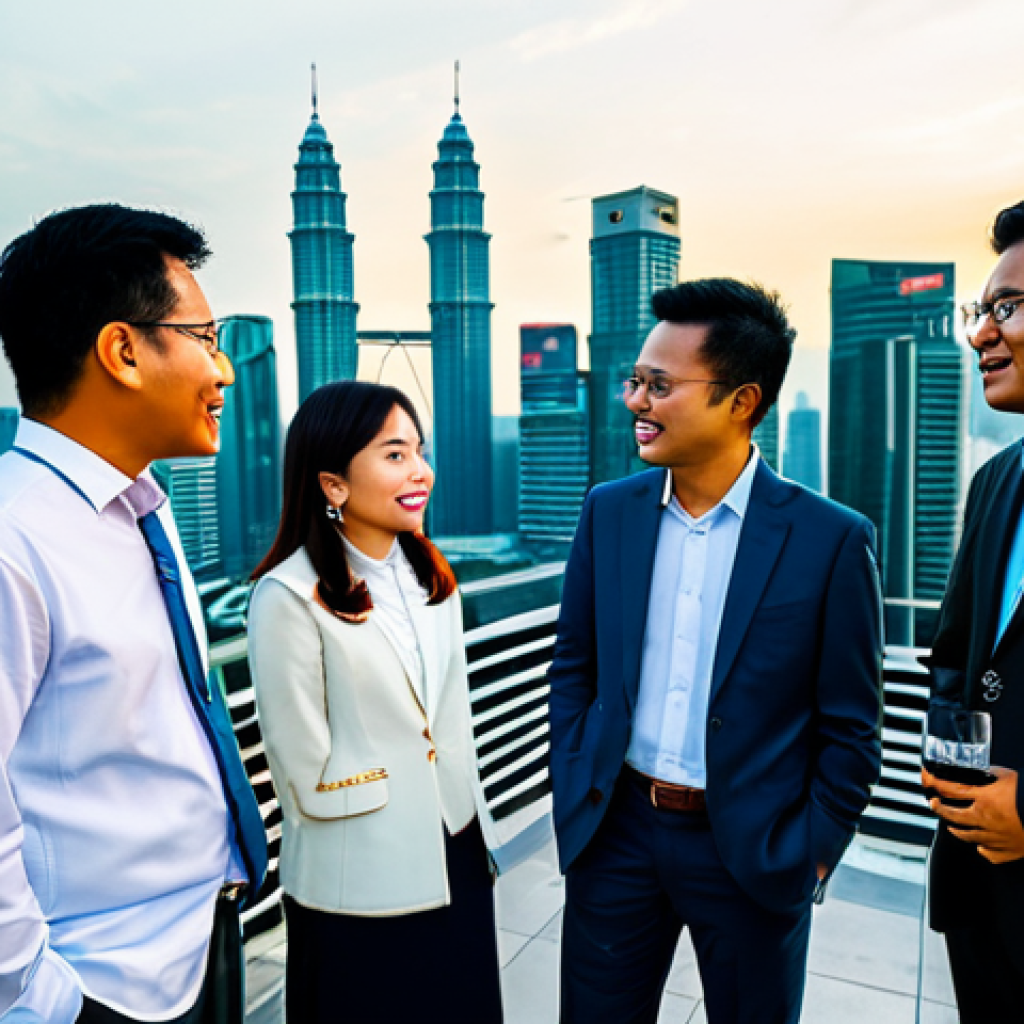 **Subject:** A group of Malaysian business professionals, fully clothed in modest business attire, networking at a modern Kuala Lumpur rooftop event during sunset.
    **Environment:** Petronas Towers visible in the background.
    **Quality:** Professional photography, perfect anatomy, correct proportions, natural poses, safe for work, appropriate content, family-friendly, professional.