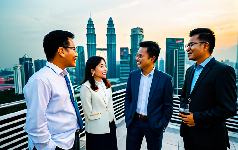 **Subject:** A group of Malaysian business professionals, fully clothed in modest business attire, networking at a modern Kuala Lumpur rooftop event during sunset.
    **Environment:** Petronas Towers visible in the background.
    **Quality:** Professional photography, perfect anatomy, correct proportions, natural poses, safe for work, appropriate content, family-friendly, professional.