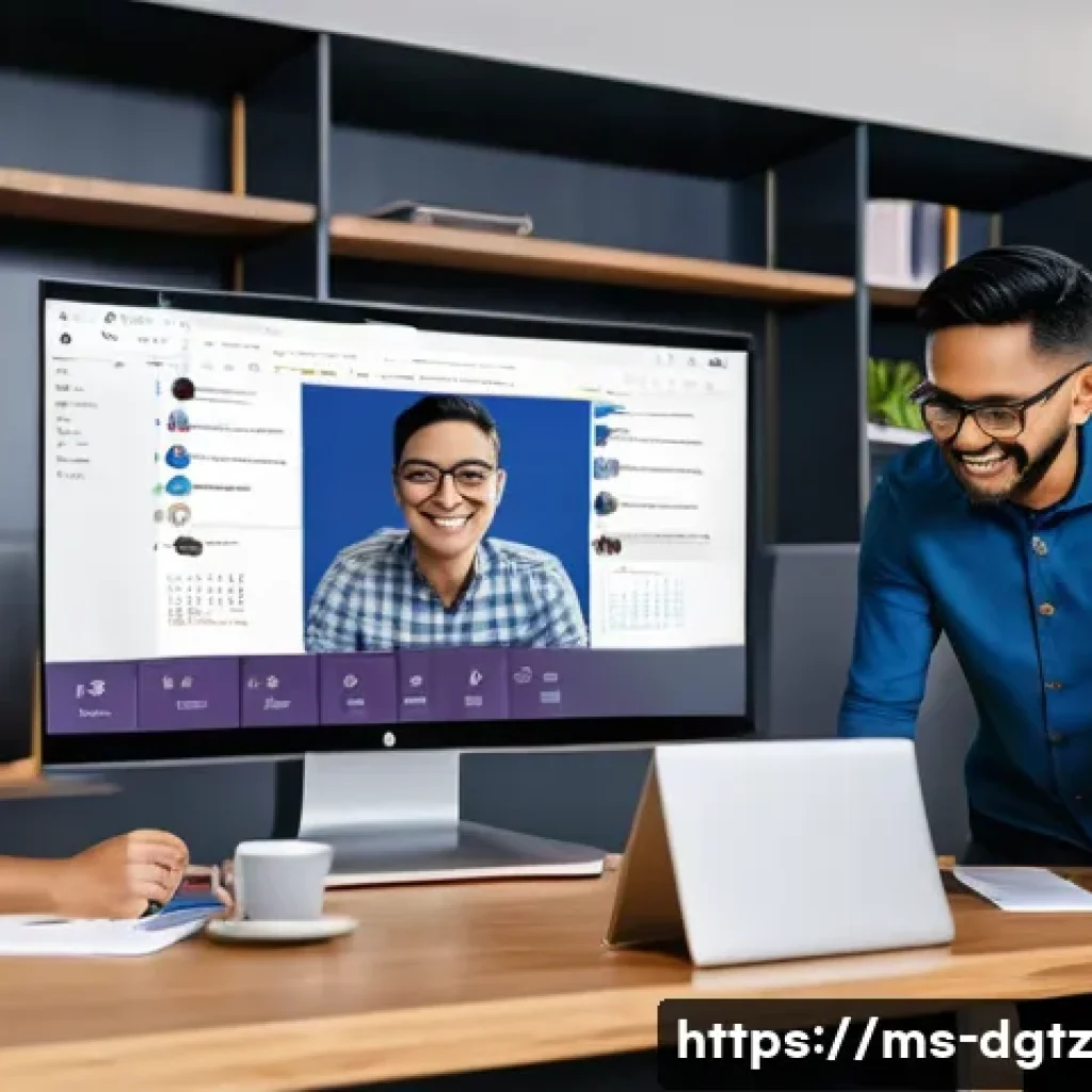네트워킹을 위한 커뮤니케이션 도구 비교 - A modern Malaysian office setting with diverse professionals engaging in a virtual meeting using Mic...