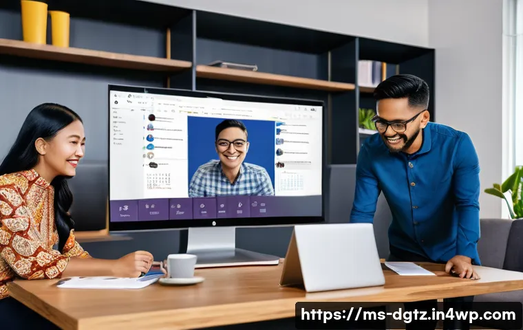 네트워킹을 위한 커뮤니케이션 도구 비교 - A modern Malaysian office setting with diverse professionals engaging in a virtual meeting using Mic...