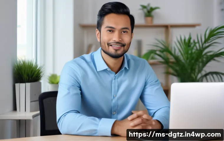 가상 만남에서의 멋진 첫인상 남기기 - A professional Malay man in his 30s wearing a neat, solid light blue shirt, sitting upright at a mod...