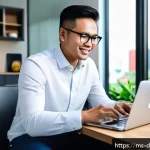 Home 22 디지털 네트워킹의 원칙과 실천 방안 - A professional young Malay entrepreneur seated at a modern desk in a bright, minimalist home office,...