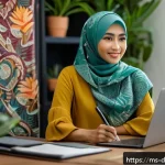 Home 19 디지털 네트워킹에서의 스킬 세트 정리하기 - A modern Malaysian professional woman attending a virtual webinar on her laptop at home, dressed in ...
