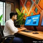 Home 23 디지털 네트워킹의 필수 요소 정리하기 - A vibrant digital marketing workspace scene featuring a Malay professional in traditional batik atti...