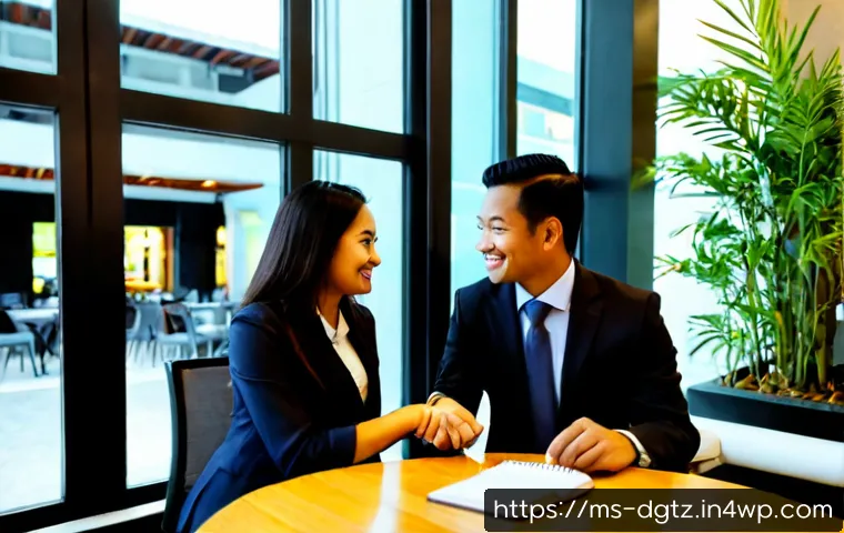 신뢰 구축을 위한 네트워킹 원칙 - Photorealistic professional networking scene in a modern Kuala Lumpur café, two diverse Malaysian bu...
